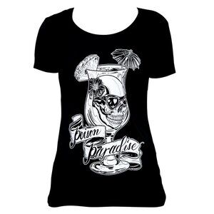 Poison Paradise Pina Colada Skull Tattoo Art Round Neck Black Tee NEW S-M-L-XL
